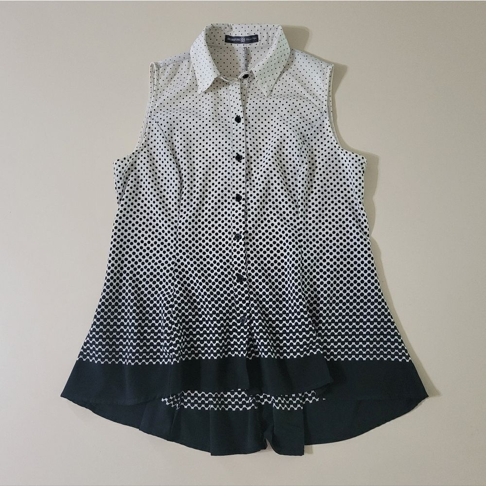 Signature Collection Black and White Polka Dot Sleeveless Button-down Swing Top